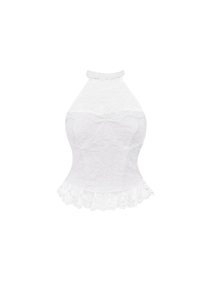 Sheen A-Line Fitted Top & Ruffled Mini Skirt Chic Lace Two-Piece Halter Short Dress AP5613