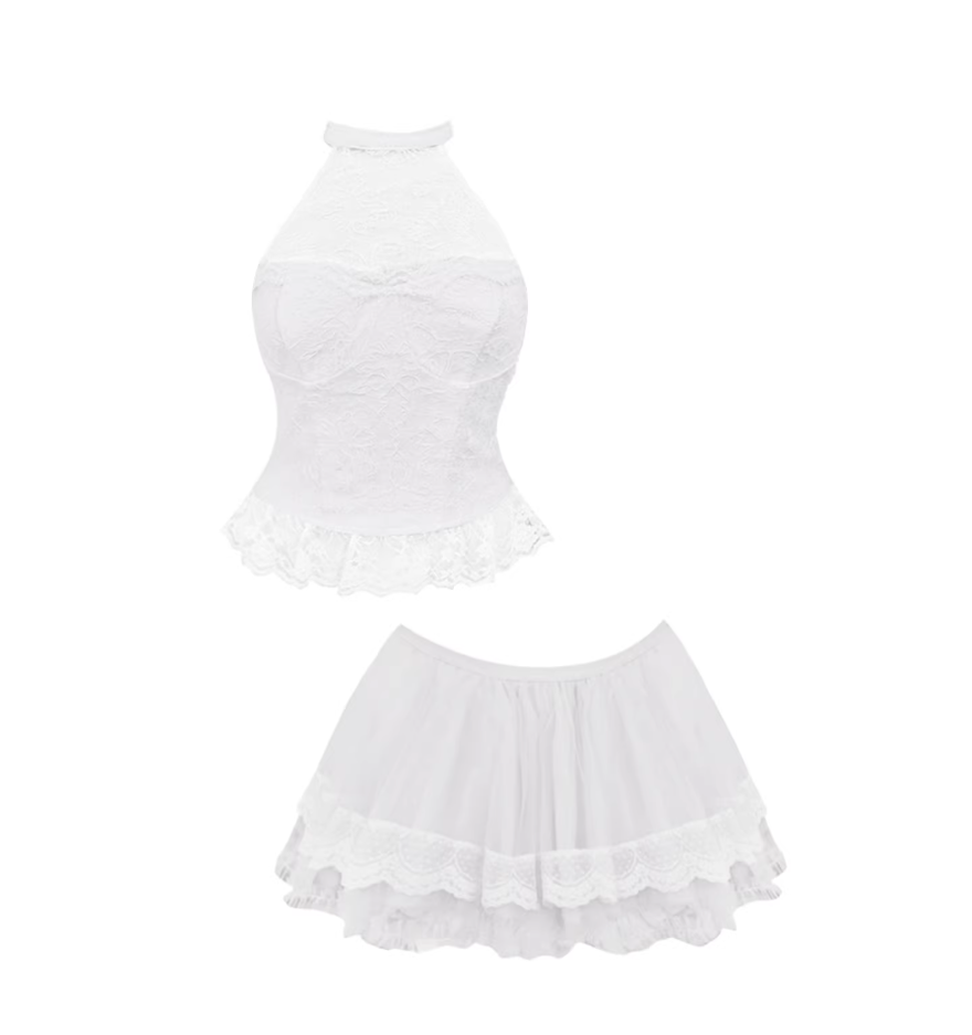 Sheen A-Line Fitted Top & Ruffled Mini Skirt Chic Lace Two-Piece Halter Short Dress AP5613
