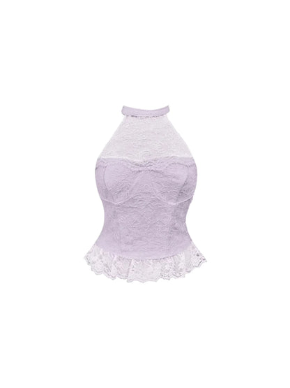 Sheen A-Line Fitted Top & Ruffled Mini Skirt Chic Lace Two-Piece Halter Short Dress AP5613