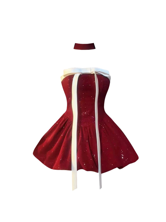 Alluring White Bow Accent A-Line Mini Skirt Trendy Burgundy Sequin Strapless Short Dress AP5614