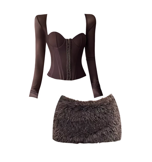 Glam Sweetheart Neck Sheer Long Sleeve Corset Fuzzy Mini Skirt Trendy Dark Brown Two-Piece Short Dress AP5616