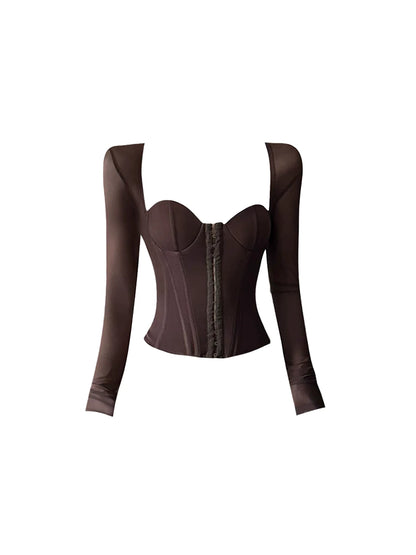Glam Sweetheart Neck Sheer Long Sleeve Corset Fuzzy Mini Skirt Trendy Dark Brown Two-Piece Short Dress AP5616
