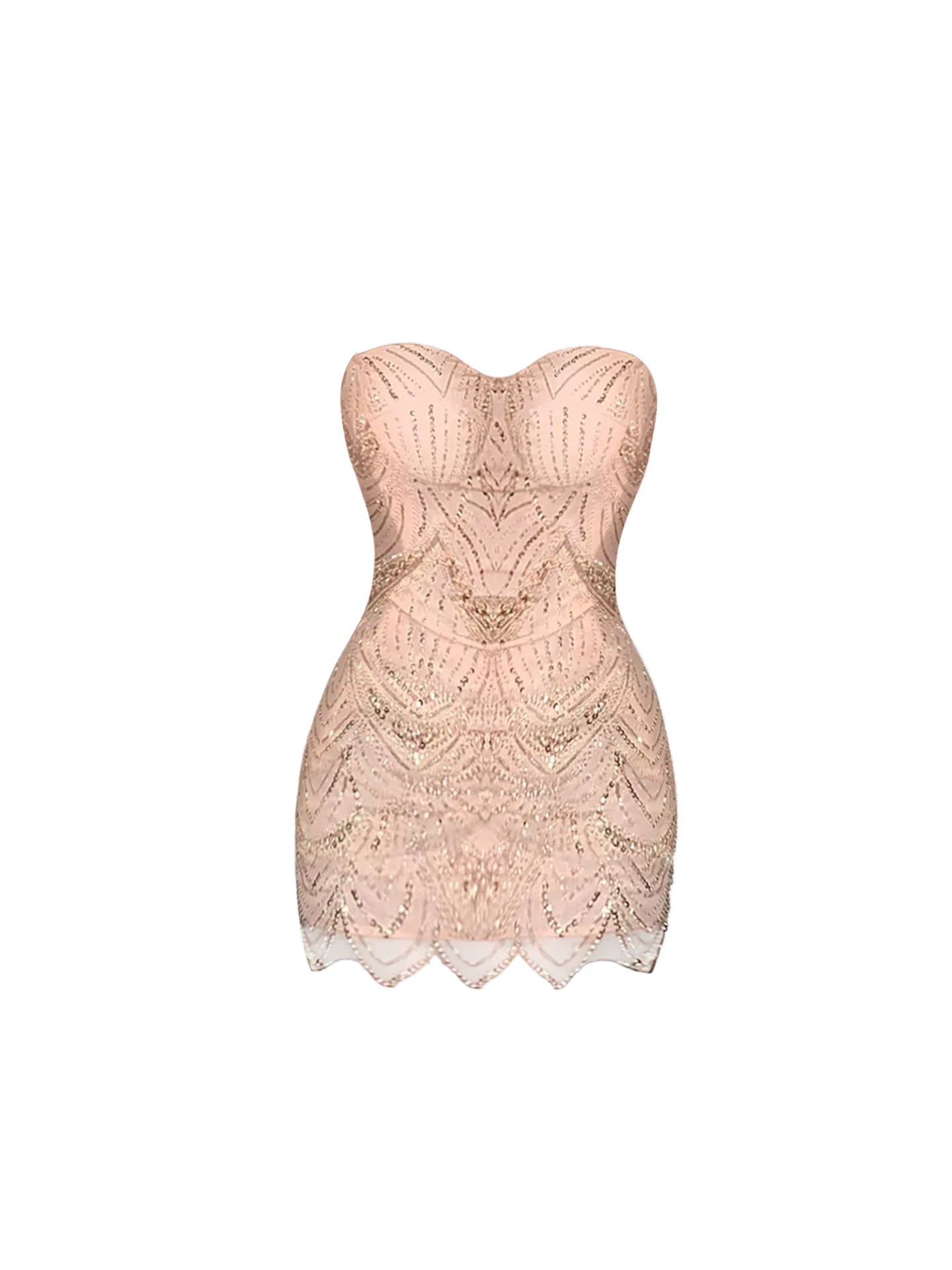 Glamorous Heart-Neck Scalloped Hem Bodycon Mini Skirt Stylish Light Pink Sequin Pattern Short Dress AP5617