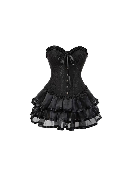Dramatic Embossed Lace Layered Ruffle A-Line Mini Skirt Trendy Black Gothic Corset Strapless Short Dress AP5618