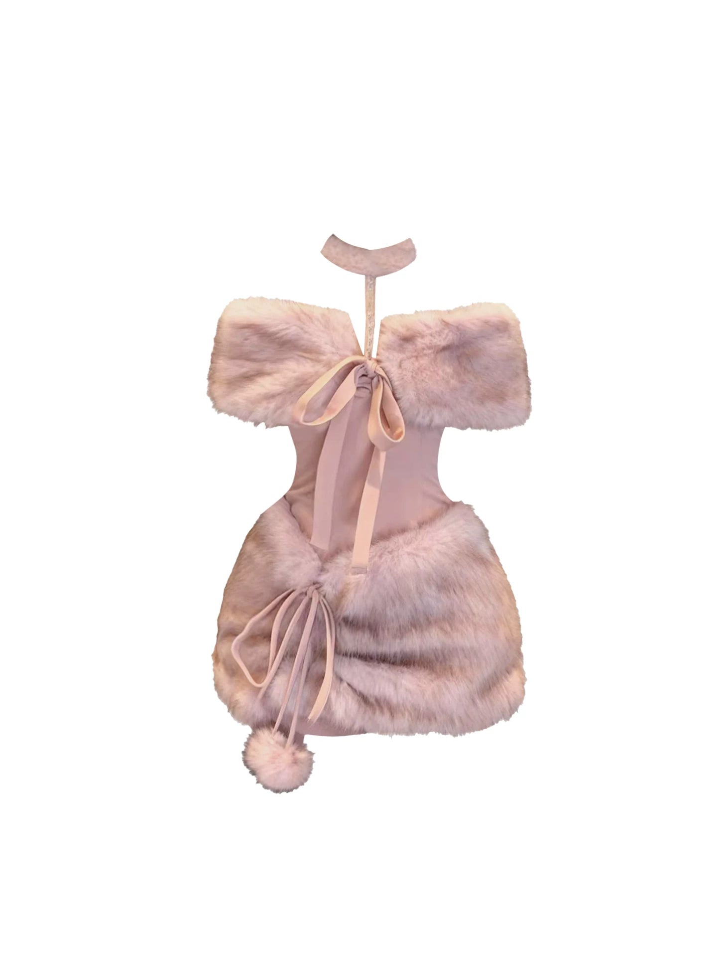 Stunning Faux Fur Accents Bodycon Mini Skirt Trendy Blush Pink Beaded Halter Bow Tie Short Dress AP5619