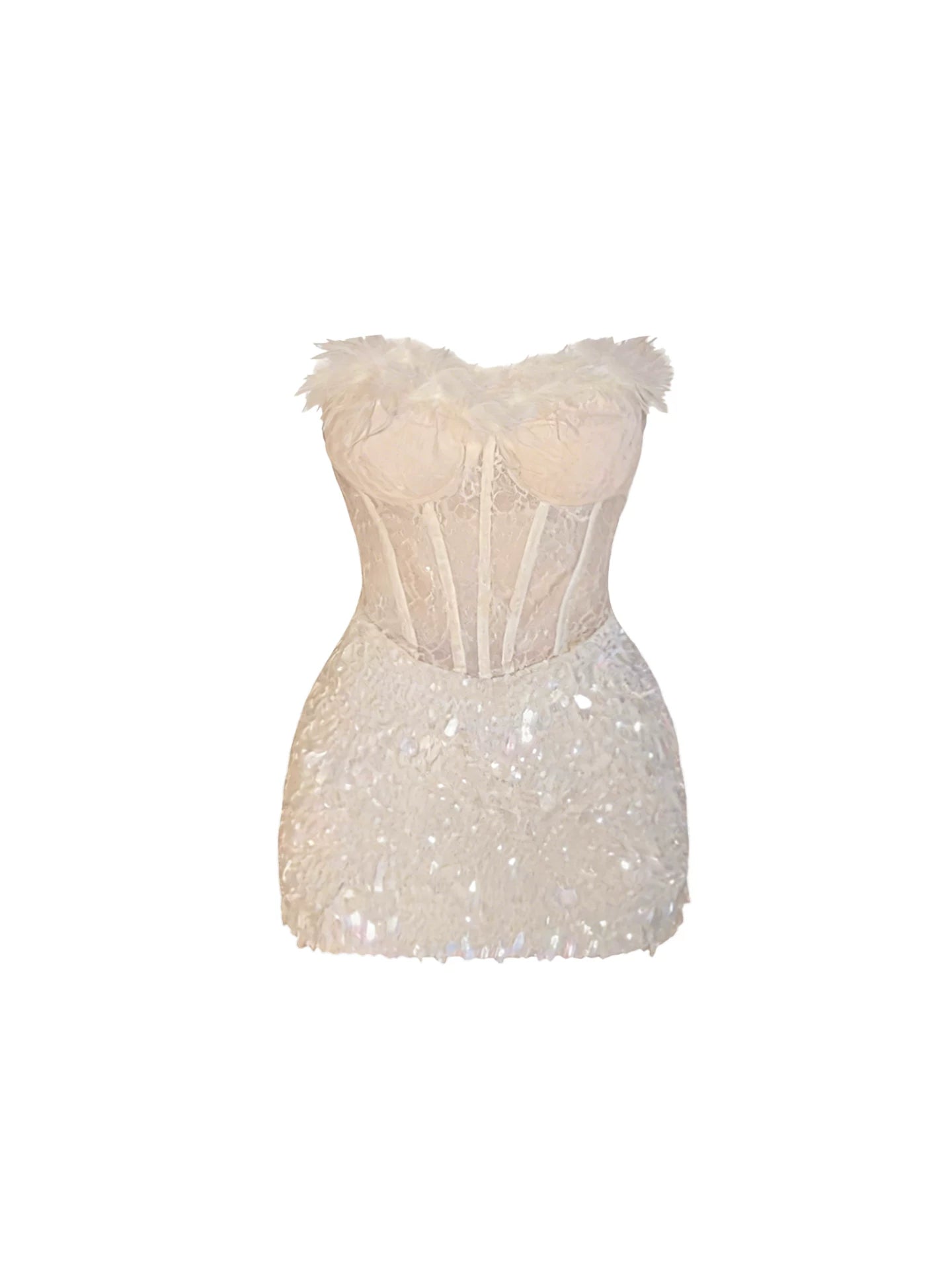 Novelty Lace Corset Sequin Bodycon Mini Skirt Chic White Strapless Feather-Trim Short Dress AP5620