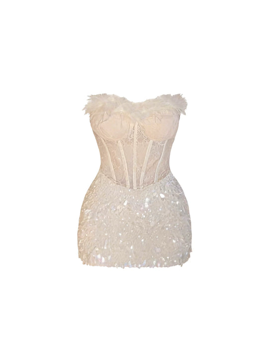 Novelty Lace Corset Sequin Bodycon Mini Skirt Chic White Strapless Feather-Trim Short Dress AP5620