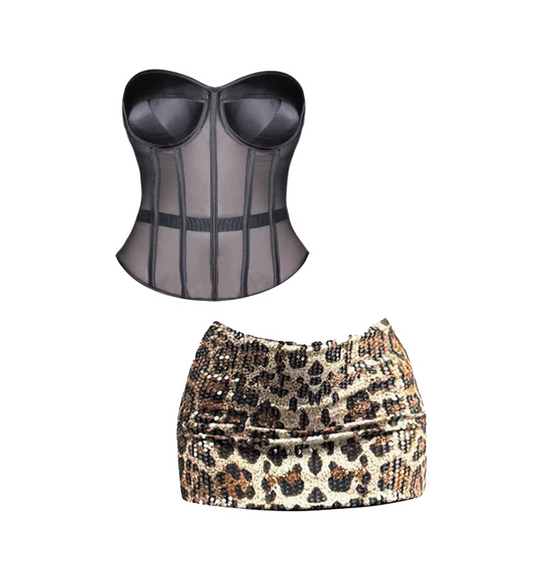 Unique Black Sheer Mesh Top Bodycon Mini Skirt Chic 2-Piece Strapless Corset Leopard Sequin Short Dress AP5621