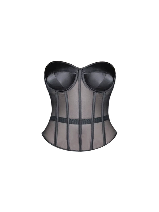 Unique Black Sheer Mesh Top Bodycon Mini Skirt Chic 2-Piece Strapless Corset Leopard Sequin Short Dress AP5621