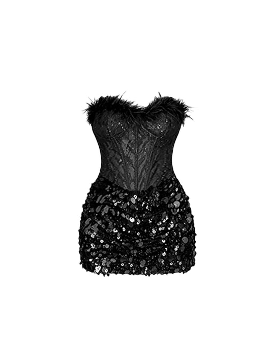 Vibrant Feather Trim Sequins Trim Bodycon Mini Skirt Vogue Black Strapless Heart-Neck Short Dress AP5622