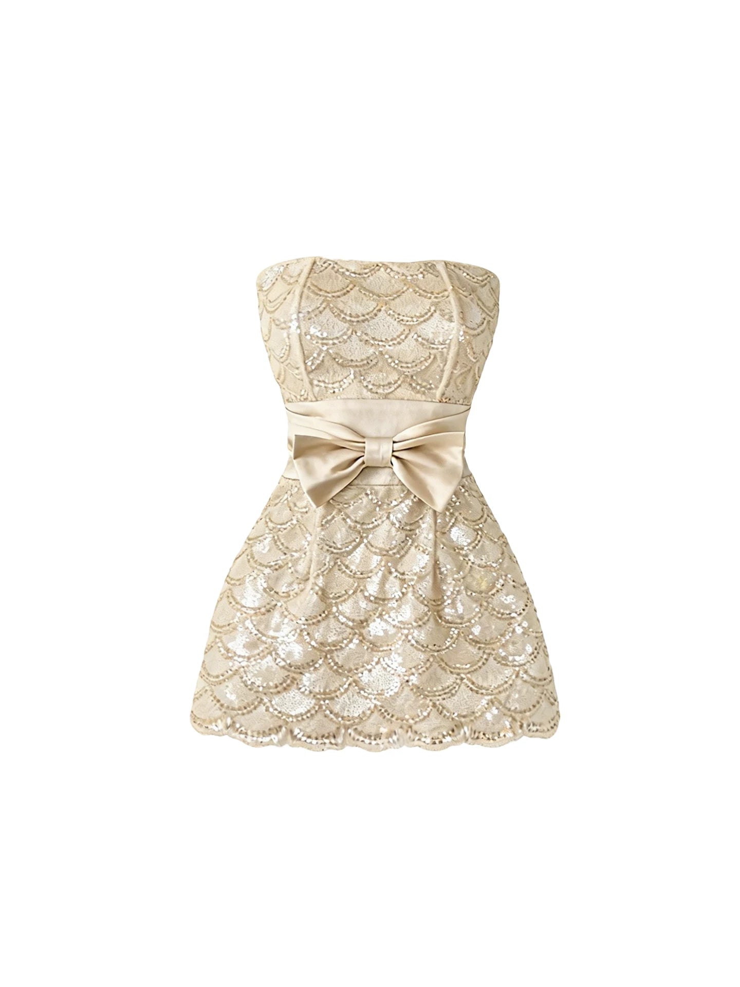 Minimalist Scale Sequin Waist Bow A-Line Mini Skirt Stylish Champagne Strapless Short Dress AP5625