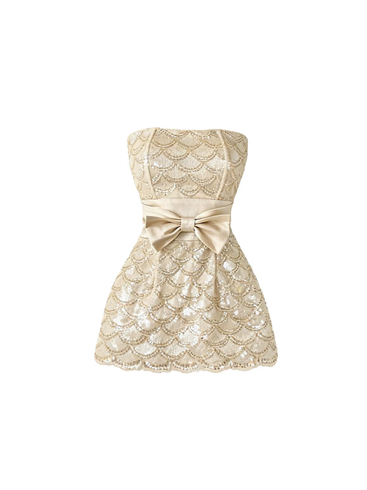 Minimalist Scale Sequin Waist Bow A-Line Mini Skirt Stylish Champagne Strapless Short Dress AP5625