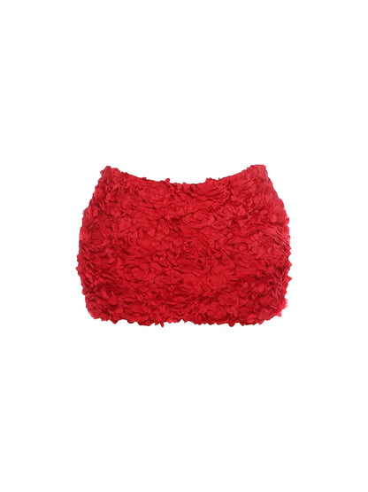 Simple 2-Piece Strapless Bodycon Fluffy Mini Skirt Elegant Blush Corset & Red 3D Flower Textured Short Dress AP5626