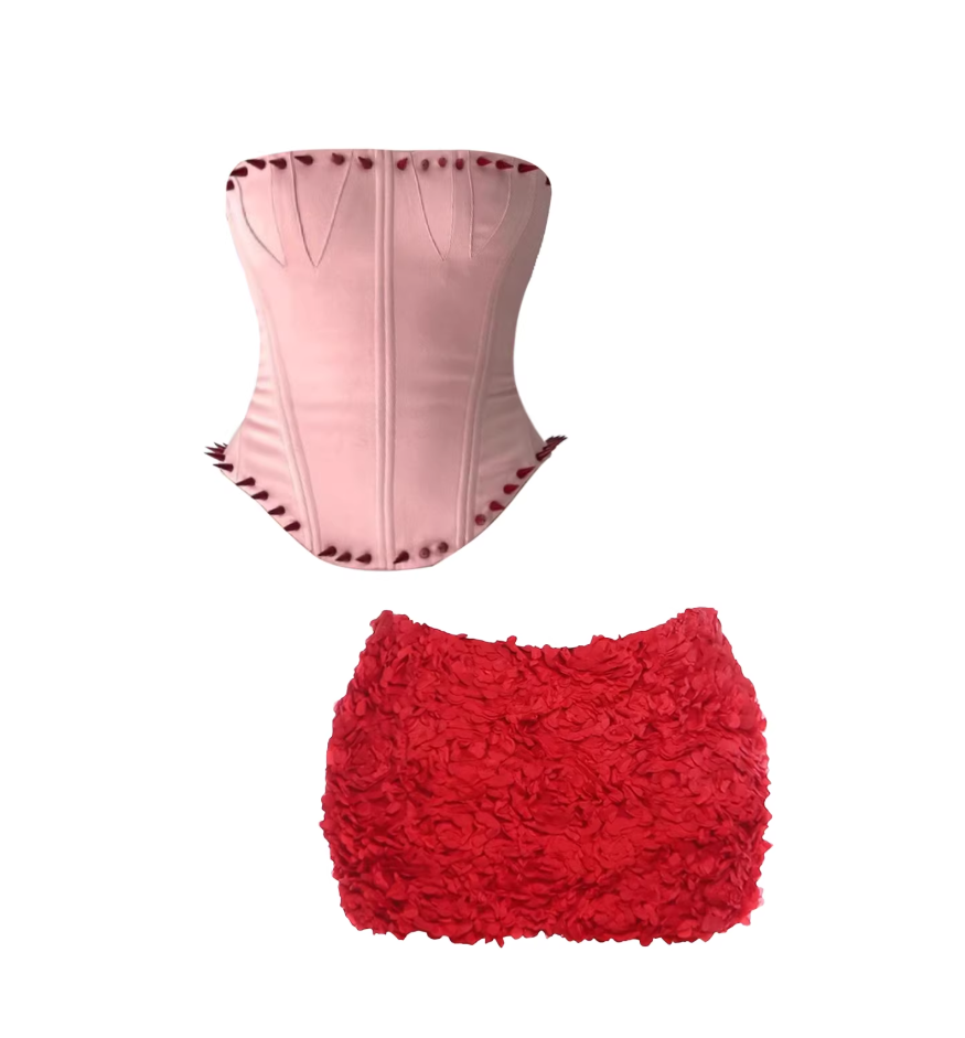 Simple 2-Piece Strapless Bodycon Fluffy Mini Skirt Elegant Blush Corset & Red 3D Flower Textured Short Dress AP5626