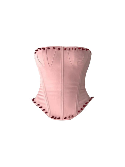 Simple 2-Piece Strapless Bodycon Fluffy Mini Skirt Elegant Blush Corset & Red 3D Flower Textured Short Dress AP5626