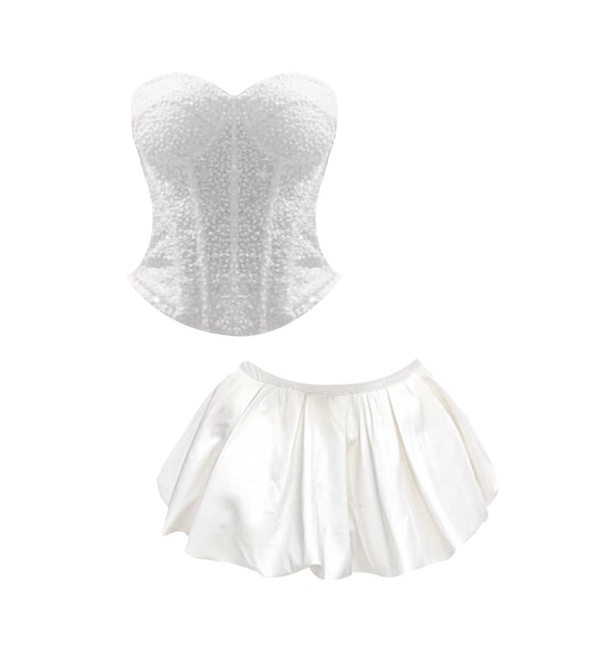 Charming White Strapless 2-Piece A-Line Mini Skirt Trendy Beaded Corset Satin Pleated Flared Short Dress AP5627