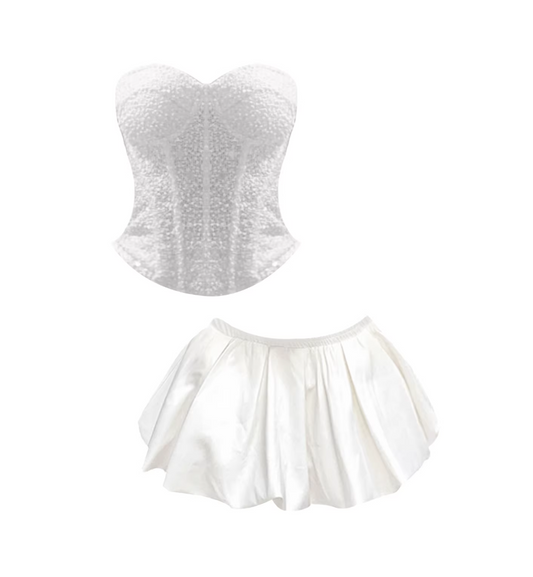 Charming White Strapless 2-Piece A-Line Mini Skirt Trendy Beaded Corset Satin Pleated Flared Short Dress AP5627