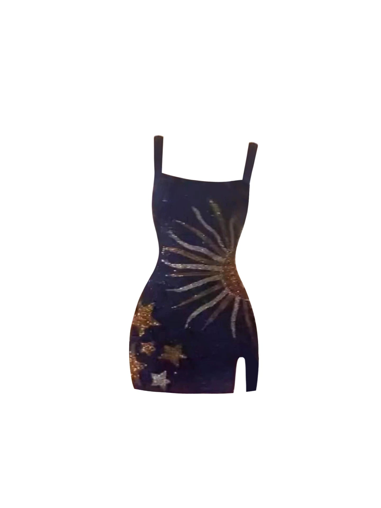 Dopamine Style Sequin Pattern Side Slit Mini Skirt Trendy Deep Navy Spaghetti Strap Bodycon Short Dress AP5628