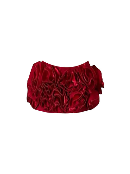 Adorable 2-Piece Strapless Bow Accent Bodycon Mini Skirt Chic Blush Satin Strapless Corset Burgundy 3D Rose Fluffy Short Dress AP5629