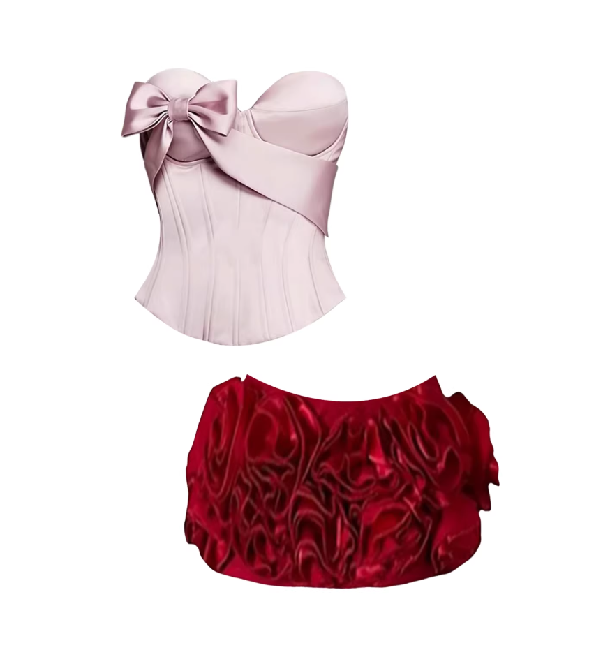 Adorable 2-Piece Strapless Bow Accent Bodycon Mini Skirt Chic Blush Satin Strapless Corset Burgundy 3D Rose Fluffy Short Dress AP5629