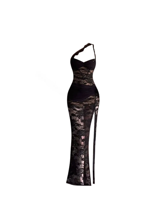 Playful Lace Sheer Detail Sheath Maxi Dresses Sexy Black One-Shoulder High Slit Long Dress AP5630