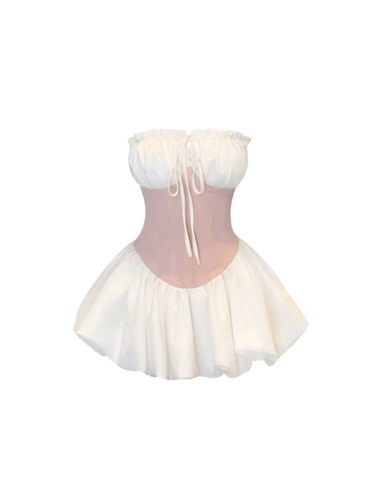 Stylish Tie-Front Bust A-Line Mini Skirt Romantic White Strapless Pink Corset Fluffy Short Dress AP5631