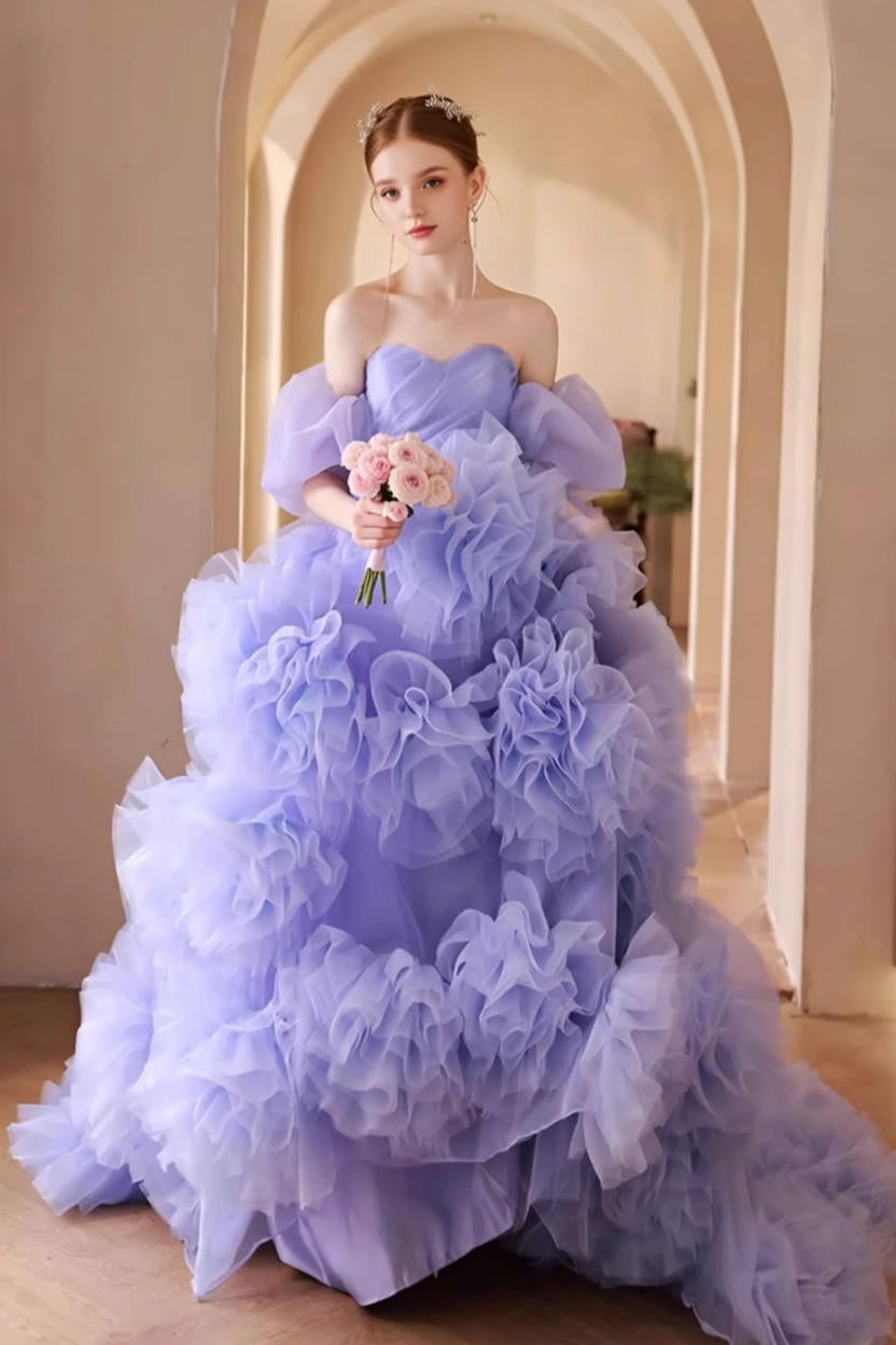 Adorable A-Line Off-Shoulder Purple Evening Dresses Handmade Flowers Ruffles Tulle Prom Dress AP5633