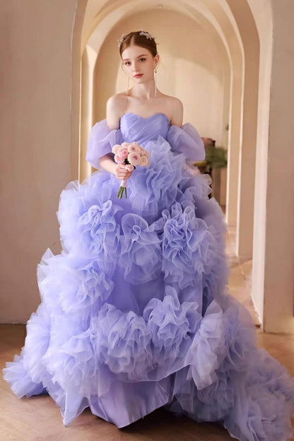 Adorable A-Line Off-Shoulder Purple Evening Dresses Handmade Flowers Ruffles Tulle Prom Dress AP5633