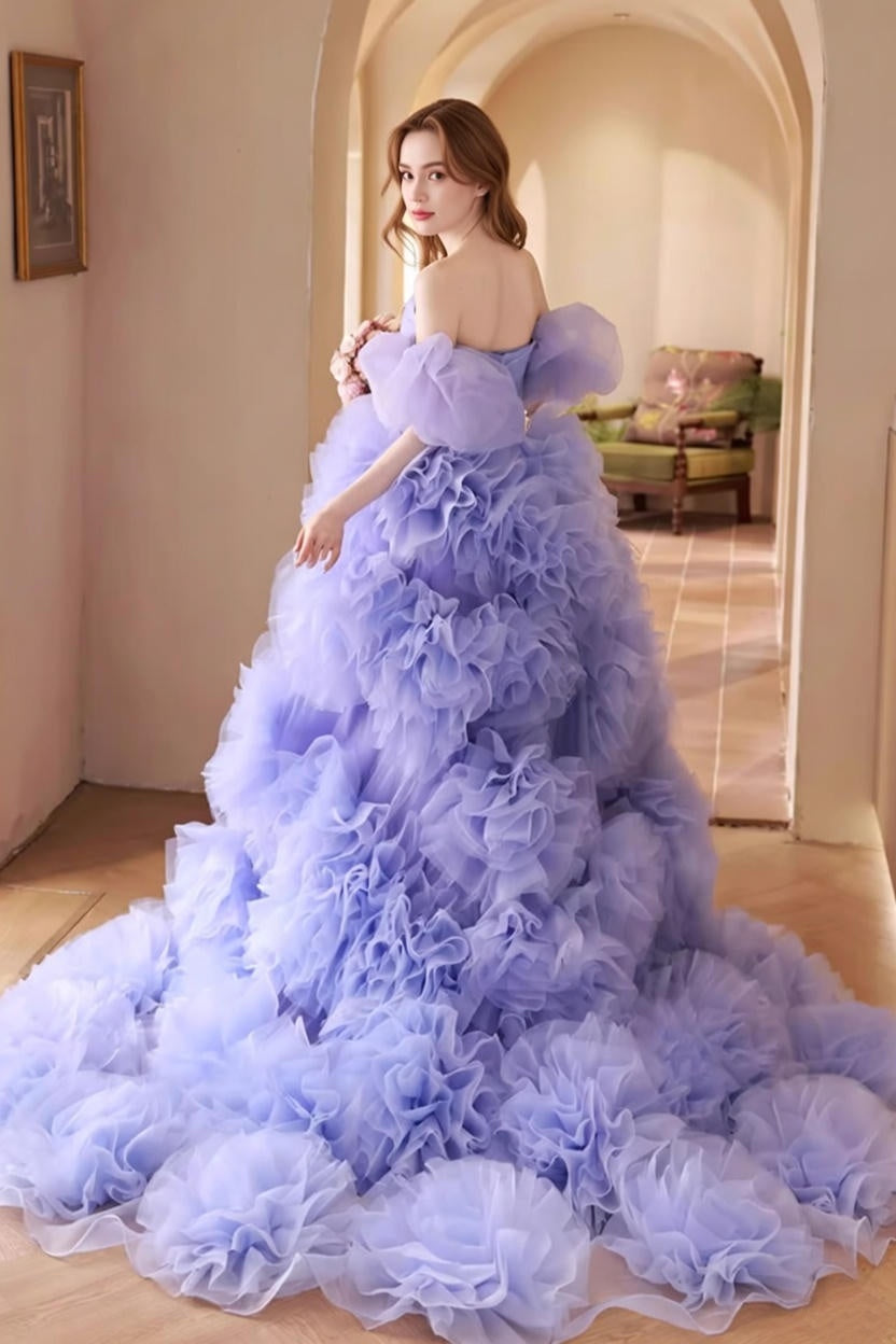 Adorable A-Line Off-Shoulder Purple Evening Dresses Handmade Flowers Ruffles Tulle Prom Dress AP5633