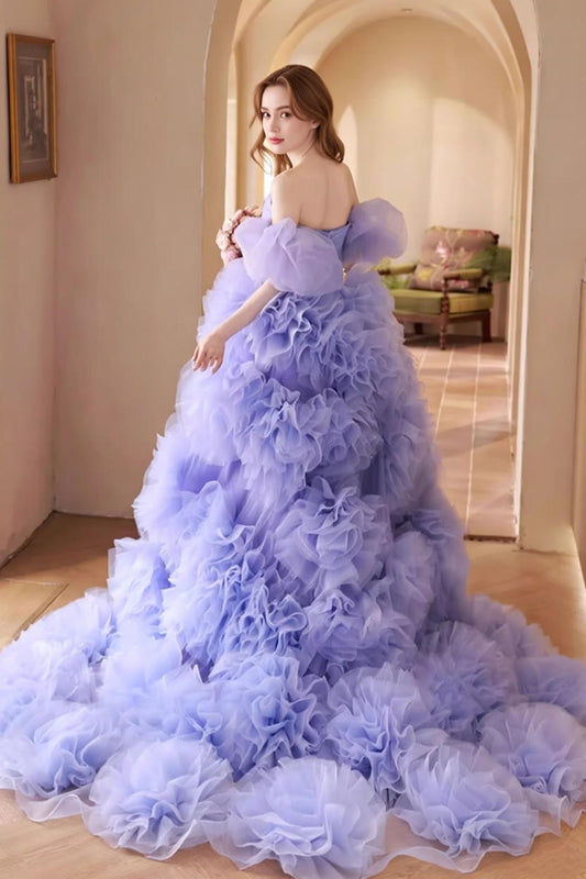 Adorable A-Line Off-Shoulder Purple Evening Dresses Handmade Flowers Ruffles Tulle Prom Dress AP5633