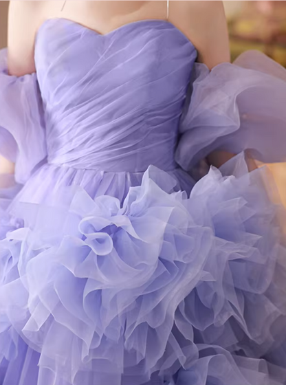 Adorable A-Line Off-Shoulder Purple Evening Dresses Handmade Flowers Ruffles Tulle Prom Dress AP5633
