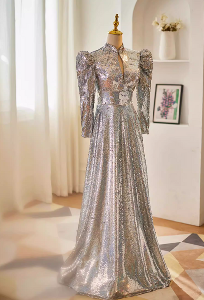 Sparkly A-Line Cutout High Collar Sweet 16th Dresses Long Sleeve Silver Sequins Prom Dress AP5634