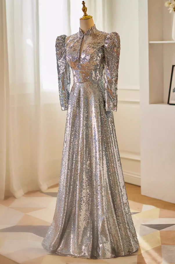 Sparkly A-Line Cutout High Collar Sweet 16th Dresses Long Sleeve Silver Sequins Prom Dress AP5634