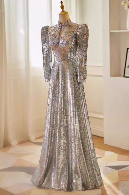 Sparkly A-Line Cutout High Collar Sweet 16th Dresses Long Sleeve Silver Sequins Prom Dress AP5634