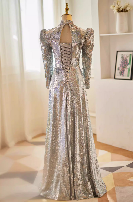 Sparkly A-Line Cutout High Collar Sweet 16th Dresses Long Sleeve Silver Sequins Prom Dress AP5634