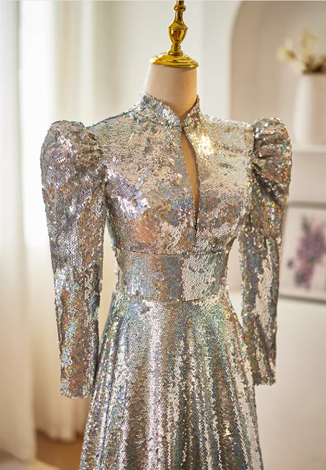 Sparkly A-Line Cutout High Collar Sweet 16th Dresses Long Sleeve Silver Sequins Prom Dress AP5634