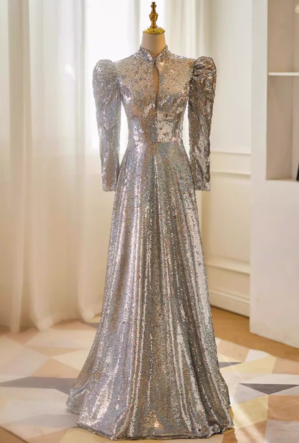 Sparkly A-Line Cutout High Collar Sweet 16th Dresses Long Sleeve Silver Sequins Prom Dress AP5634