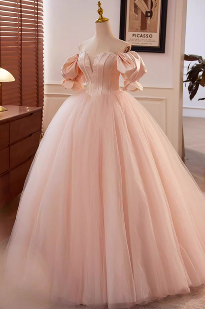Playful A-Line Off-Shoulder Evening Dresses Puff Sleeve Beads Layered Tulle Prom Dress AP5635