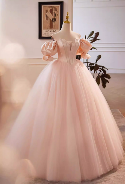 Playful A-Line Off-Shoulder Evening Dresses Puff Sleeve Beads Layered Tulle Prom Dress AP5635