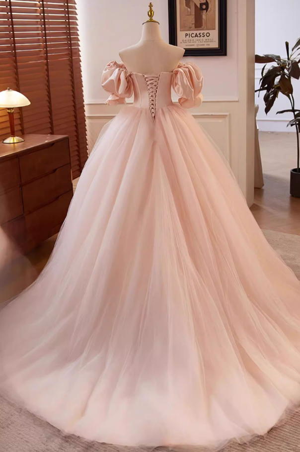 Playful A-Line Off-Shoulder Evening Dresses Puff Sleeve Beads Layered Tulle Prom Dress AP5635