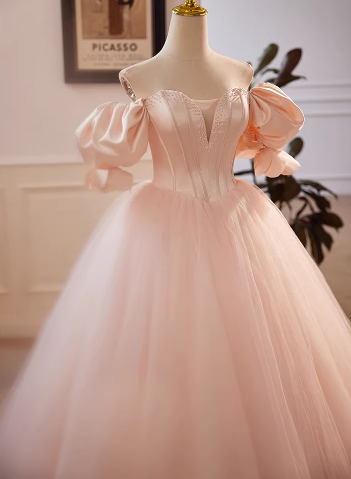 Playful A-Line Off-Shoulder Evening Dresses Puff Sleeve Beads Layered Tulle Prom Dress AP5635