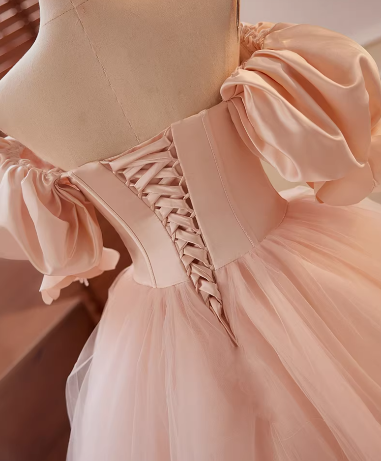 Playful A-Line Off-Shoulder Evening Dresses Puff Sleeve Beads Layered Tulle Prom Dress AP5635