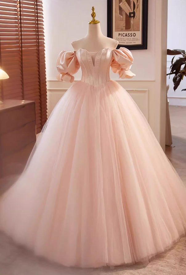 Playful A-Line Off-Shoulder Evening Dresses Puff Sleeve Beads Layered Tulle Prom Dress AP5635