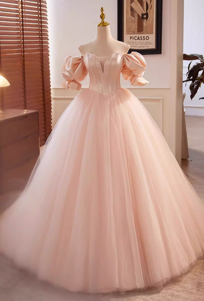 Playful A-Line Off-Shoulder Evening Dresses Puff Sleeve Beads Layered Tulle Prom Dress AP5635