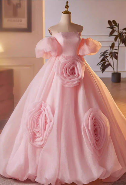Stylish A-Line Off-Shoulder Pink Evening Dresses Handmade Flowers Prom Dress AP5636