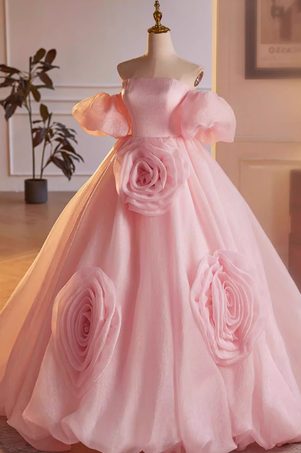 Stylish A-Line Off-Shoulder Pink Evening Dresses Handmade Flowers Prom Dress AP5636