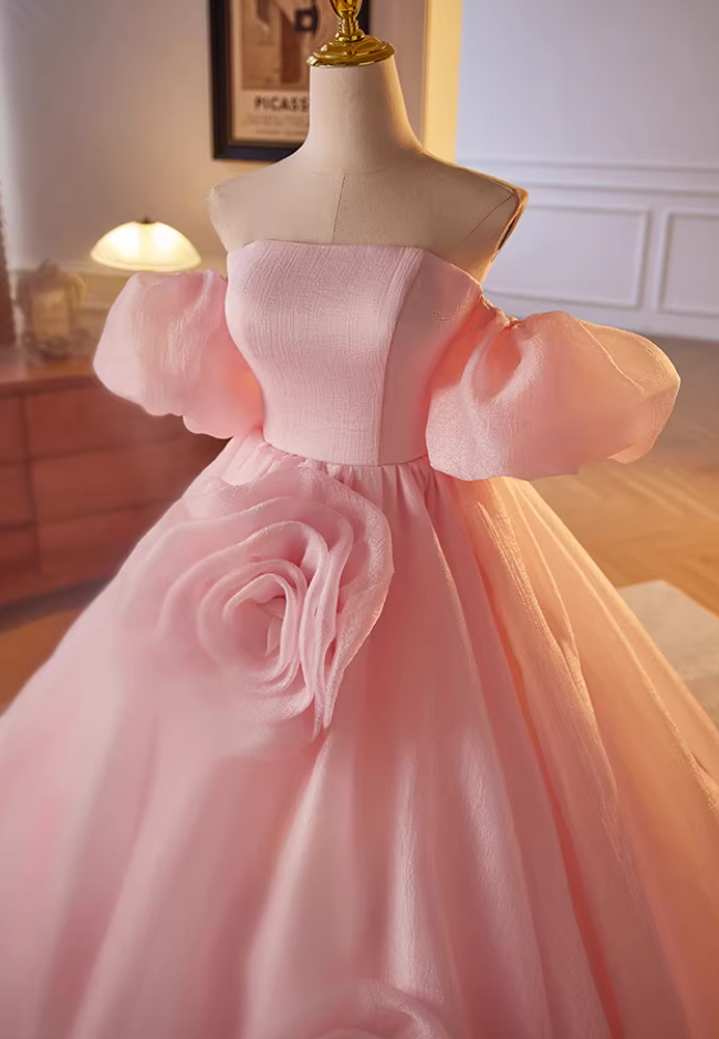 Stylish A-Line Off-Shoulder Pink Evening Dresses Handmade Flowers Prom Dress AP5636