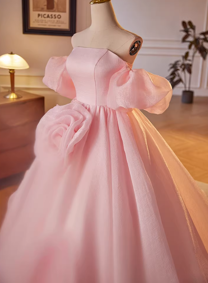 Stylish A-Line Off-Shoulder Pink Evening Dresses Handmade Flowers Prom Dress AP5636