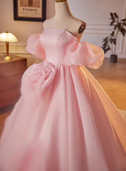 Stylish A-Line Off-Shoulder Pink Evening Dresses Handmade Flowers Prom Dress AP5636