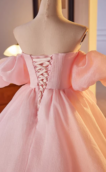 Stylish A-Line Off-Shoulder Pink Evening Dresses Handmade Flowers Prom Dress AP5636
